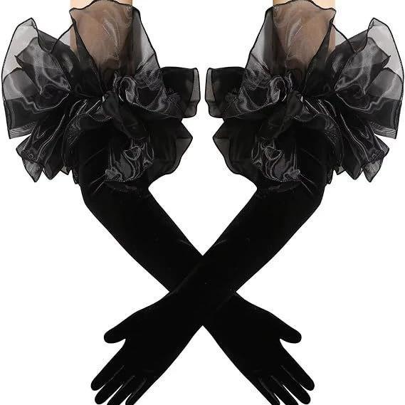 Long Velvet Gloves with Organza Ruffle Cuff, Elbow-Length Formal Gloves for Wedding/Party/Ball