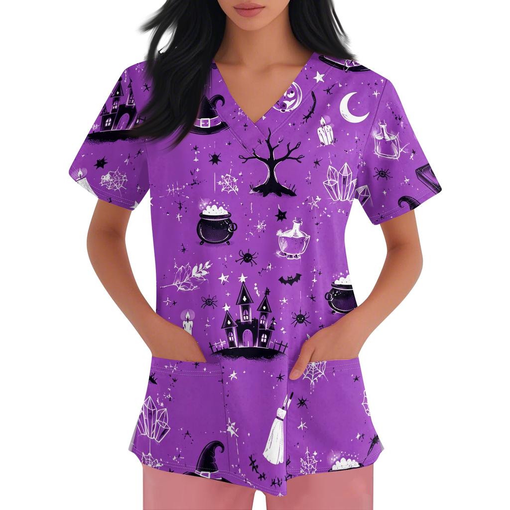 Women Short Sleeve Halloween Print V Neck Pocket Medical Scrub Top Nurse Uniform Shirt Comfortable Fit Durable Fabric