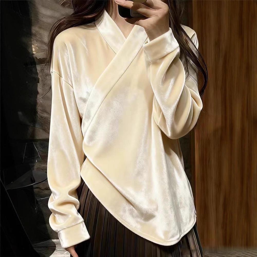 2026 Apricot Velvet Hanfu Top: New Cross-collar Tang Suit Shirt