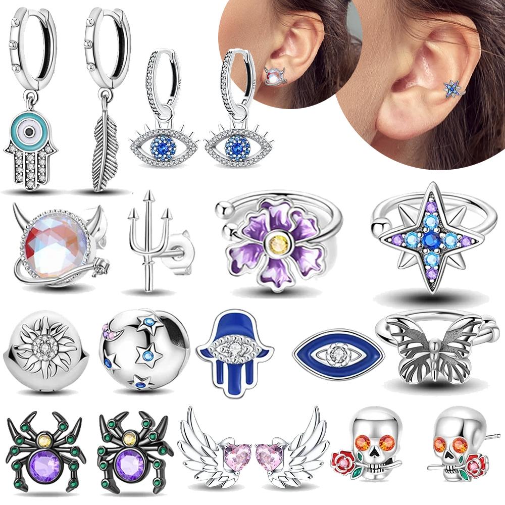 Heart Wings Stud Earrings 925 Silver Star Moon Design Women's Jewelry Devil's Eye Earrings Pendant Valentine's Day Jewelry Gifts
