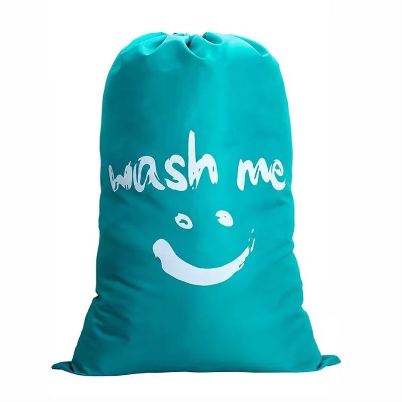 

Travel Wash Me Drawstring Laundry Bag - Smiley Nylon Organizer for Machine-Washable Dirty Clothes