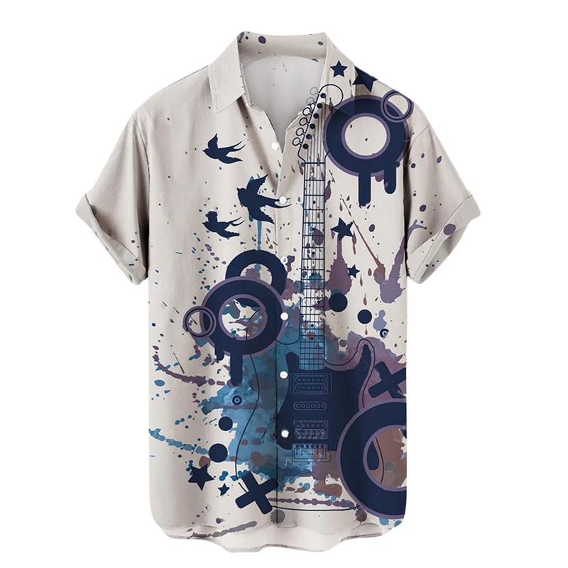 Shirts For Men Music Guitar3d Print Rock Hip Hop Tops Male Clothing Short Sleeve V-Neck Beach Shirts