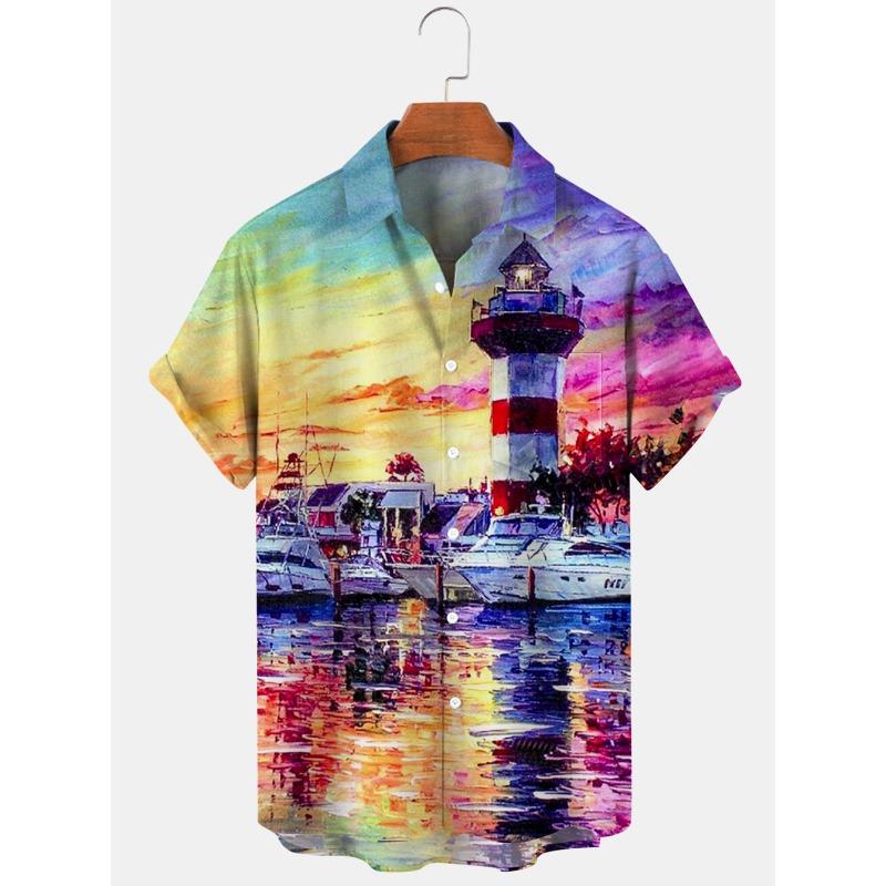 Ny Hawaii Vår/Sommar Mode Fritid Gatumode Turist Strand Tryckt Helt Öppen Kortärmad Knäppskjorta, Snabb Leverans