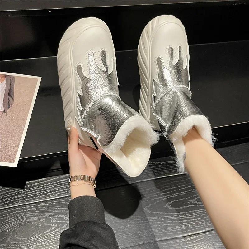Fashion Snow Boots Women Winter Warm Spliced Platform Ankle Boots Fashion Non-slip Round Toe Plush Thickening Slip On Cotton Shoes