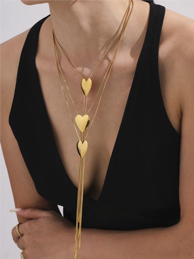 Adjustable Glossy Heart Pendant Long Necklace In Stainless Steel Gold Silver Color Snake Bone Sweater Chain Necklaces For Women