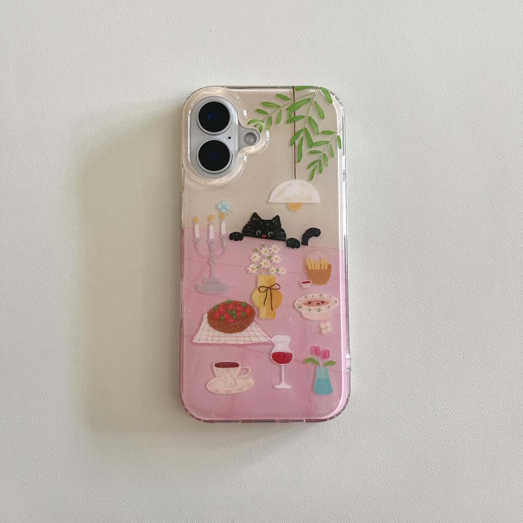 Imd shell glitter flower cherry cat back cover for iphone 15 16 pro max 13 14 promax cartoon bracelet phone case