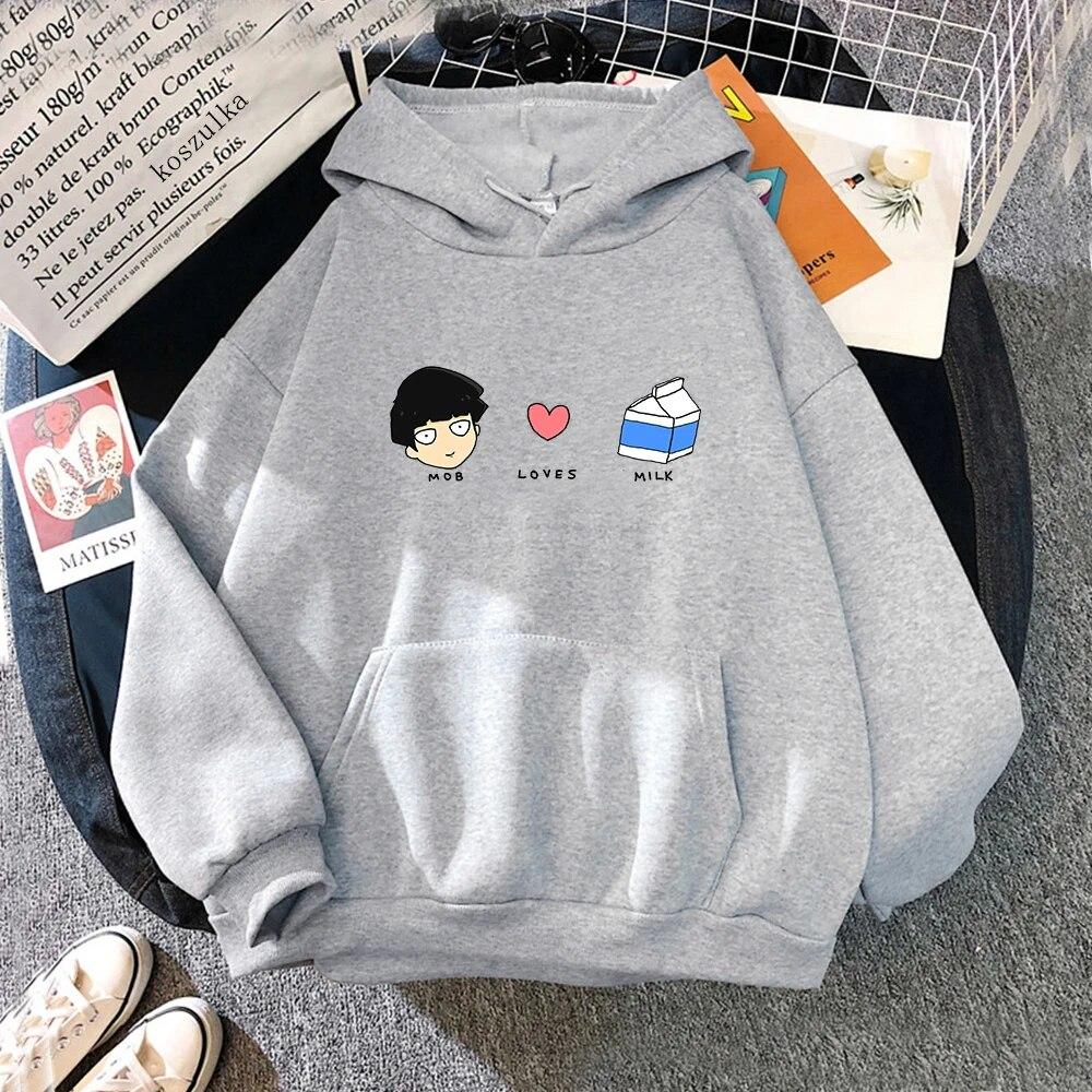 Anime Mob Psycho 100 Mob Loves Milk Hoodies Winter Unisex/women Tops Crew Neck Hoodie Autumn Sweatshirt Vintage Harajuku Sudaderas