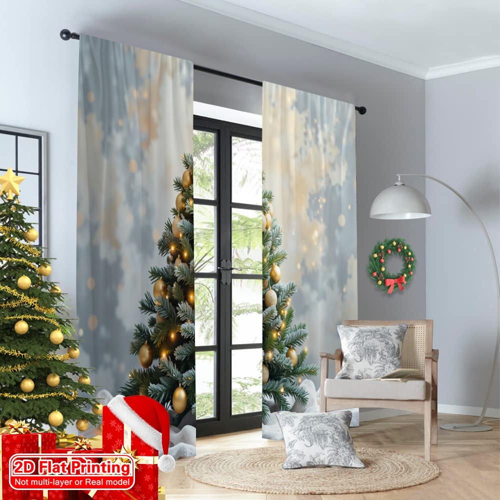 2pcs 2D Flat Printing Christmas Scene Curtain Golden Star Christmas Tree 100% Polyester Without Electricity Festive Curtains