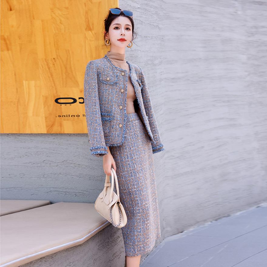 Design suit women's autumn and winter new fashion temperament celebrity thick flower hip skirt two-piece set