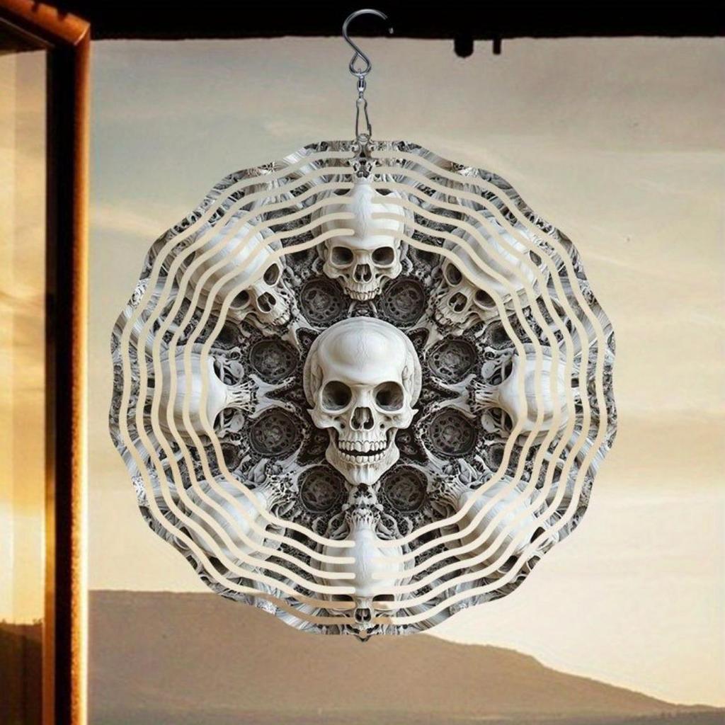Large 3D Metal Skull Wind Chime – Artistic Kinetic Garden Decor with Swirl Design, Reflective Outdoor Ornament for Patioeco