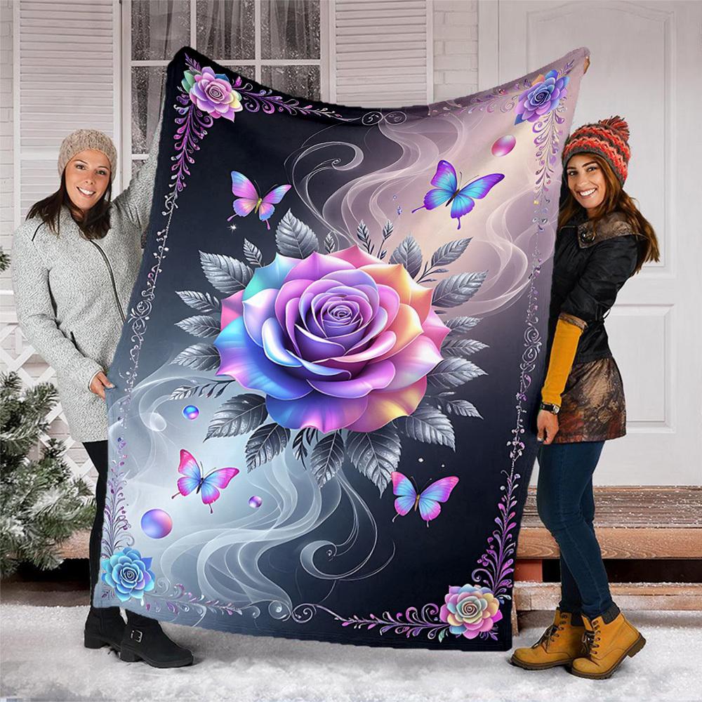 1pc Rose Butterfly Throw Blanket Polyester Fiber, Lightweight Flannel, Soft & Warm, All Season Use for Outdoor, Camping