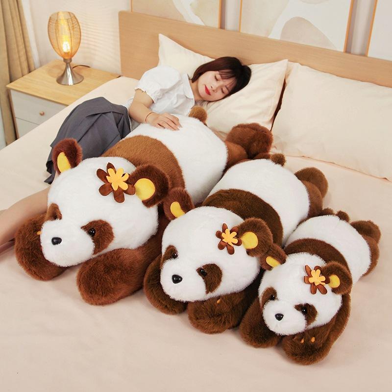 Cute Flower Giant Panda Doll Plush Toy Lying Down Black and White Panda Doll Girl Sleeping Soothing Rag Doll