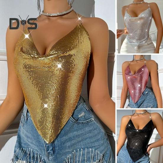 Women Sequin Sling Tops Halter Sleeveless Backless Short Vest with Metal Chain Laces And Swing Collar Sexy Camisole