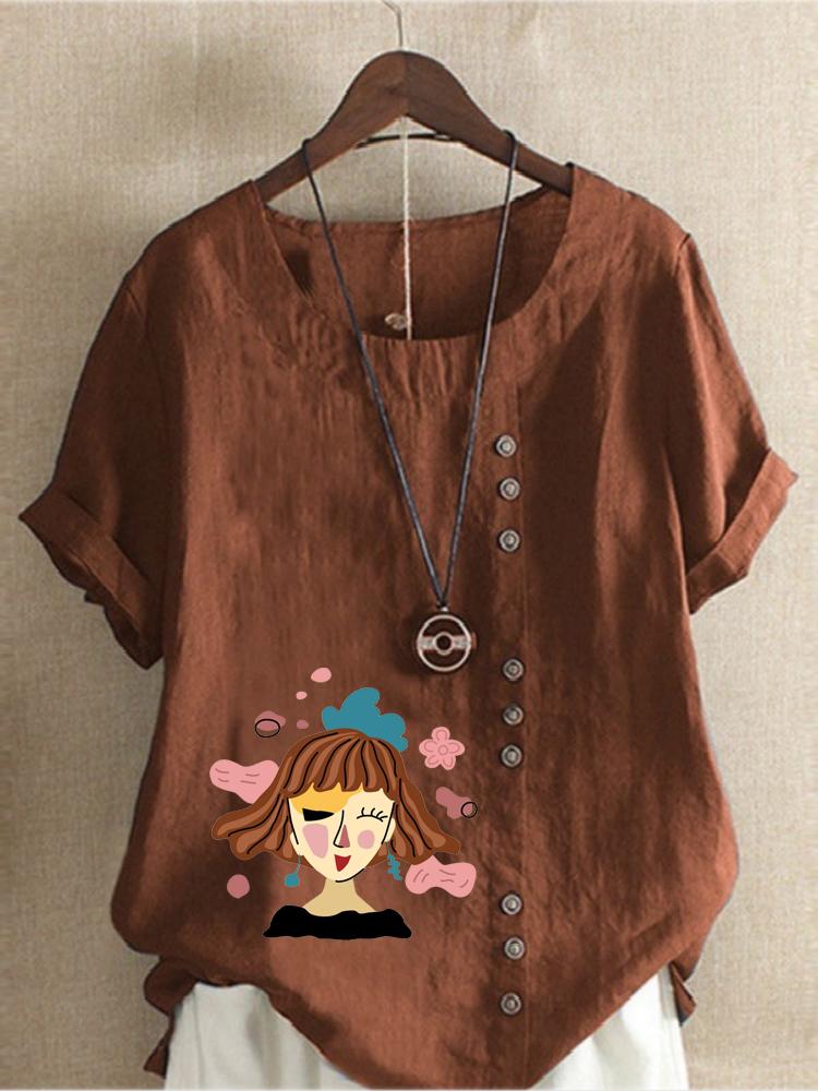 Women's Fashion Abstract Girl Print Shot Sleeve T-shirt Loose Cotton Shirt Casual Loose Summer Plus Size Blouse Tops