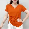 Summer New Elegant Fashion V-neck Short Sleeved T-shirt Women's Solid Asymmetric Patchwork Slim Versatile Folds Pure Cotton Top
