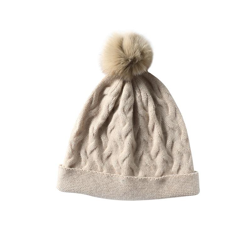Women 100% Cashmere Beanie Hat Pom Pom Detail Cable Knit Rolled Cuff Winter Warm Soft Slouchy Skullies Cold Weather Accessory