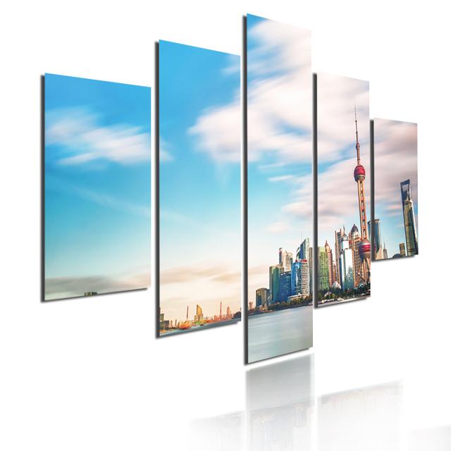 5 Pieces Modular Picture Bustling Cityscape Poster HD Printed Wall Art Modern Metropolis Skyscrapers Canvas Painting Home Decor