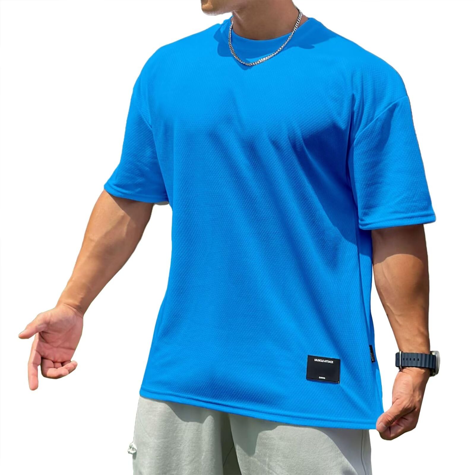 

OROLN Gym T-Shirt, Men s, Oversized, Short Sleeve, Stretch, Breathable, Breathable, Stretchy, Breathable, Comfortable, for Strength Training. (Blue-M)
