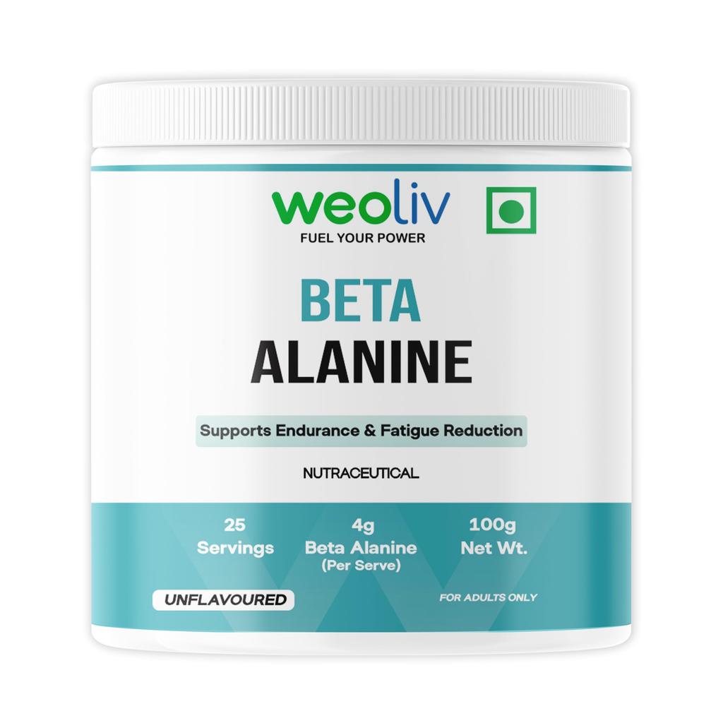 Weoliv Beta Alanine Powder 100g (25 Servings) | Unflavoured | Pure Beta Alanine Pre Workout Supplement for Endurance, Stamina & Fatigue Reduction