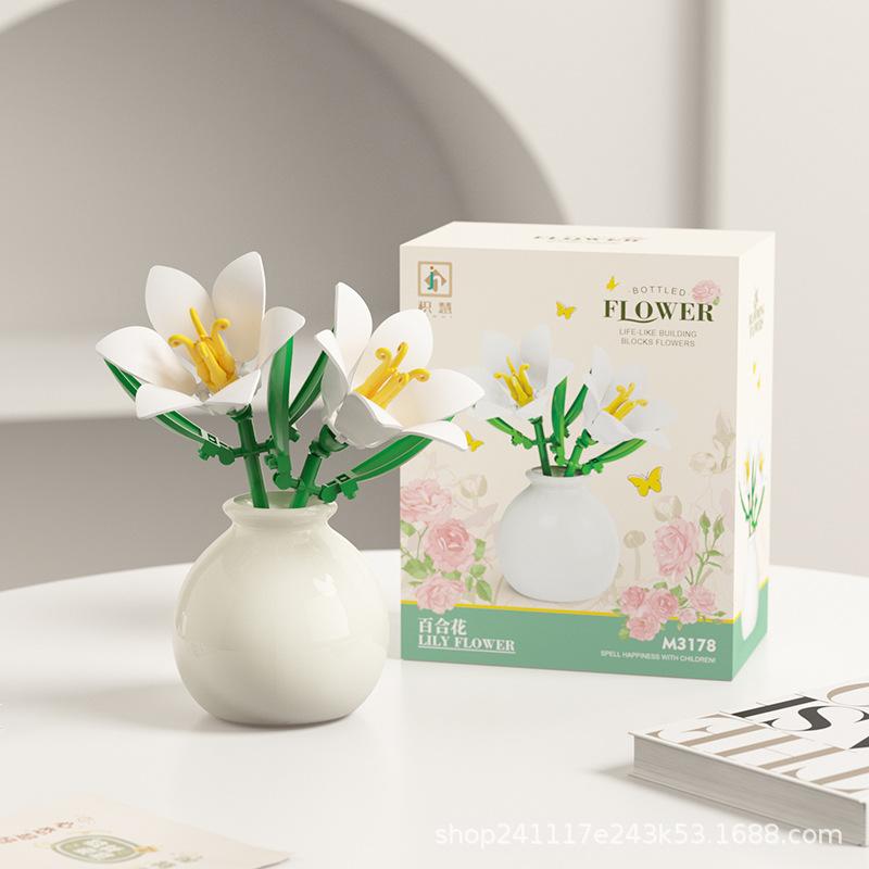 Building Block Pot Plant Bouquet of Flowers, Roses, Lily Building Blocks, Toys with Flower Pots, Cute Living Room Ornaments Gift