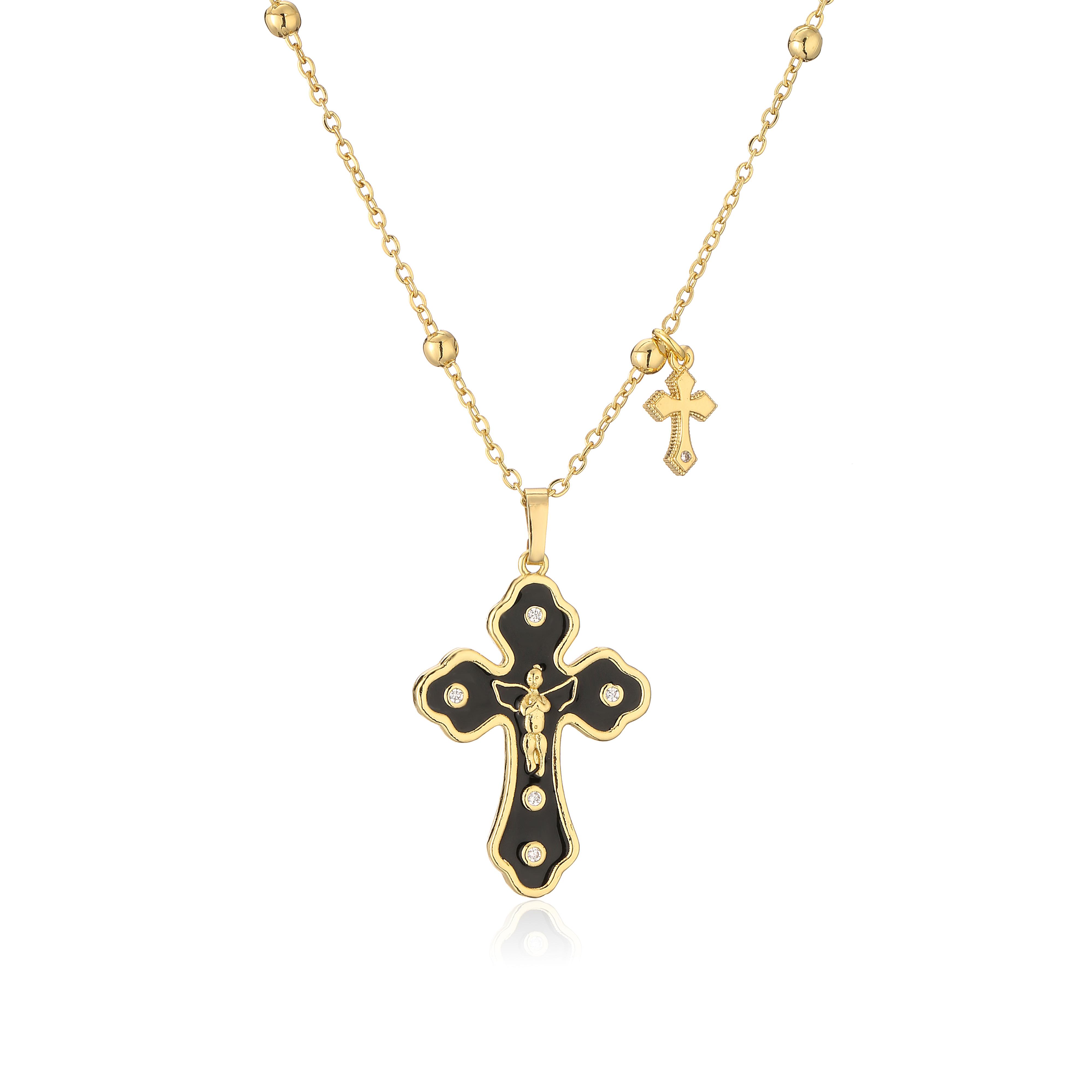 

HECHENG,Fashion Pearl Enamel Cross Pendant Necklace For Women lady Zircon Beads Chain Necklace Punk Teenger Party Zircon 45cm