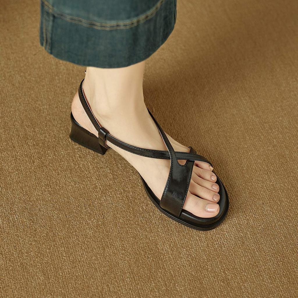 Krazing Pot Cow Skin Thick Med Heels Peep Toe Summer Size 42 Brand Shoes Concise Design Gladiator Elegant Women Sandals