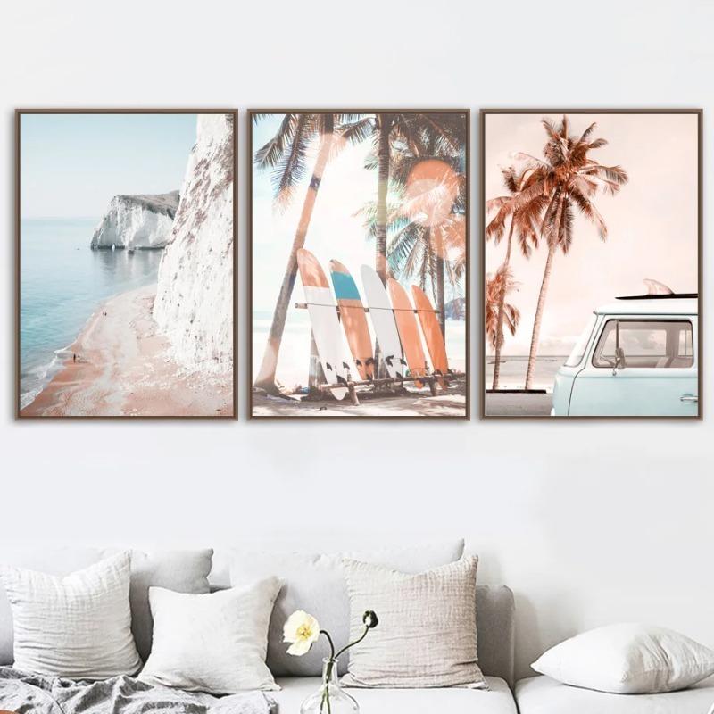 Nordic Landscape Wall Art Pictures Sea Beach Palm Tree Surfboard Posters And Prints Canvas Painting Living Room Home Decor