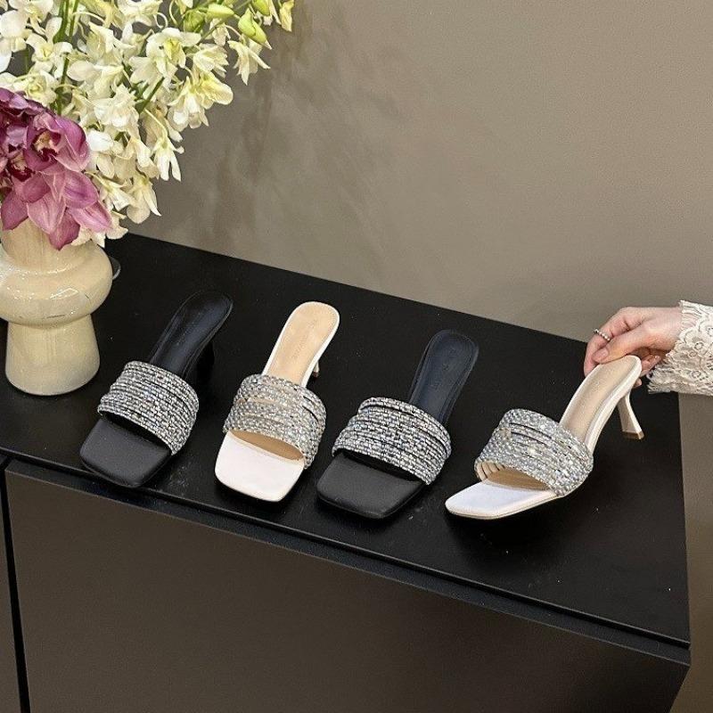 Fashion 2024 Women's Sandals Summer Crystal Belt High Heels Black Women's Slippers Sexy Luxury Square Toe Party Sandals