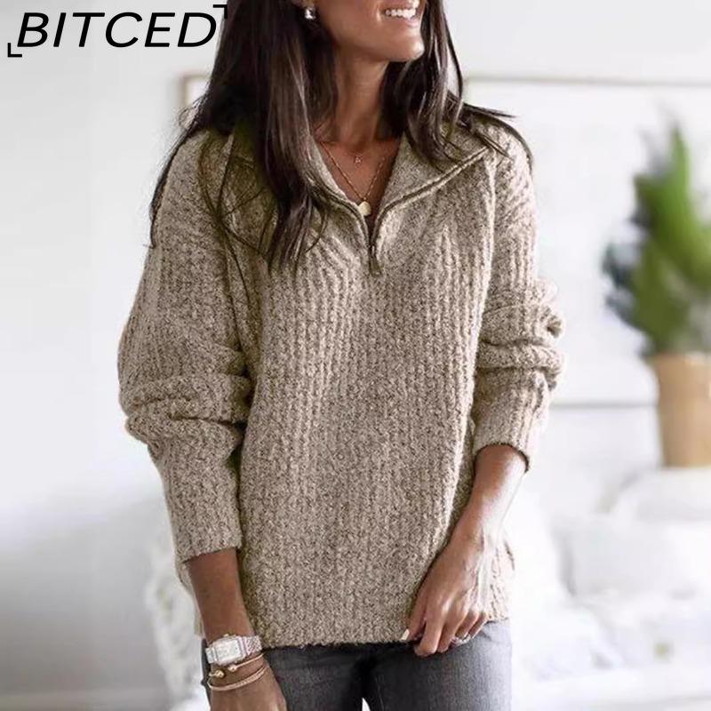BITCED Women's Fashion Casual Solid Color Print Autumn Winter Long Sleeve Zip Collar Loose Sweaters