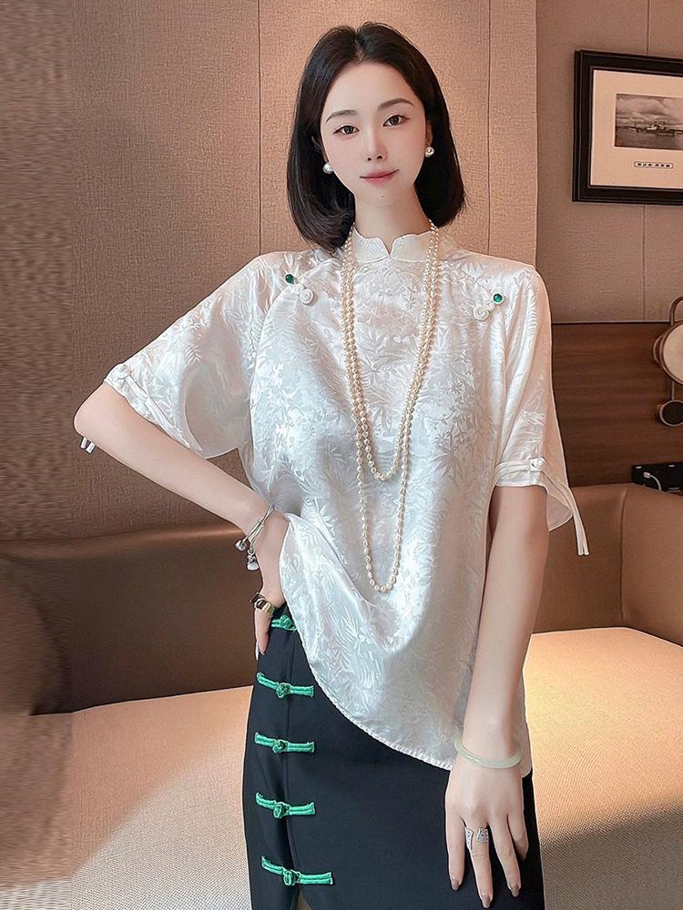 2024 Chinese Style Summer Short Sleeve Top with Slit, Frog Button, and Elegant Print