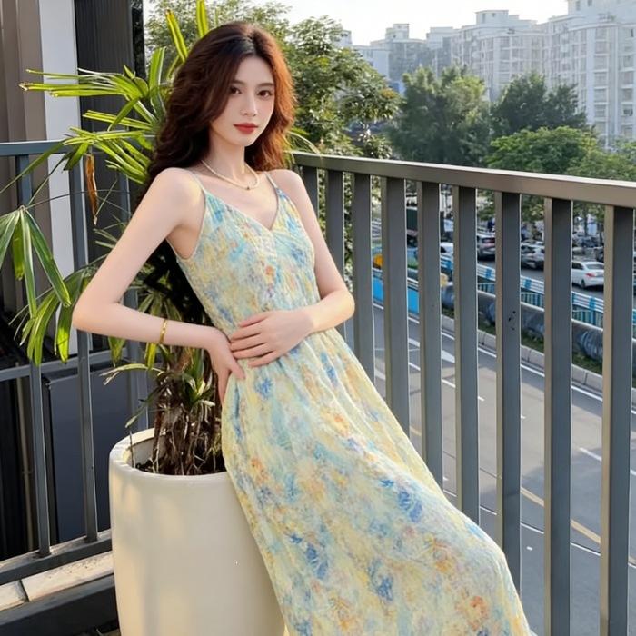 French seaside v-neck floral suspender dress children s summer new seaside vacation style wear temperament S