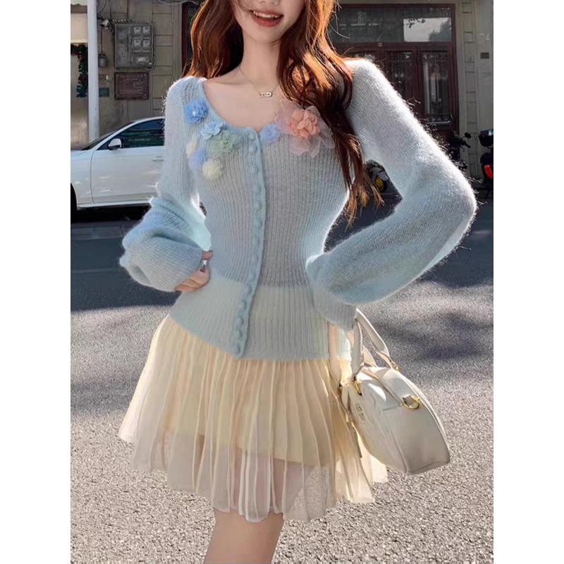 

Мохеровый кардиган тонкой вязки с трехмерным цветочным дизайном, новая весенняя куртка-свитер с нежным ветром для женщин one size fits all синий