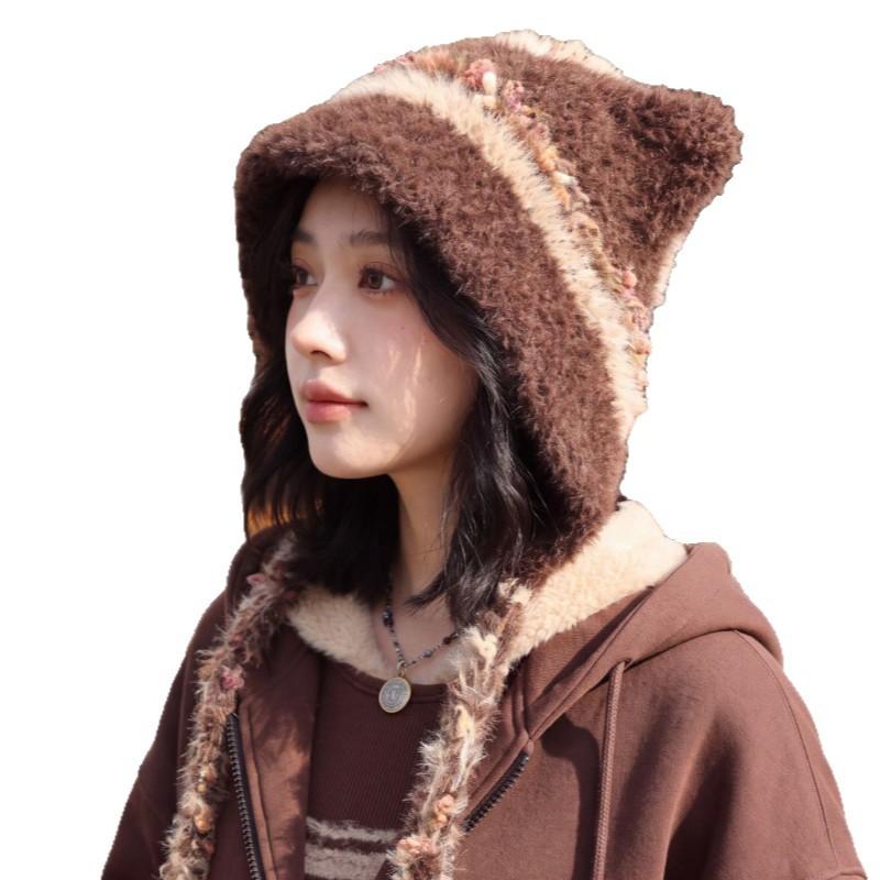 Autumn and winter hats, women's warm and cute cat ear wool hats, knitted hats, versatile and face-showing small literary headgear tide