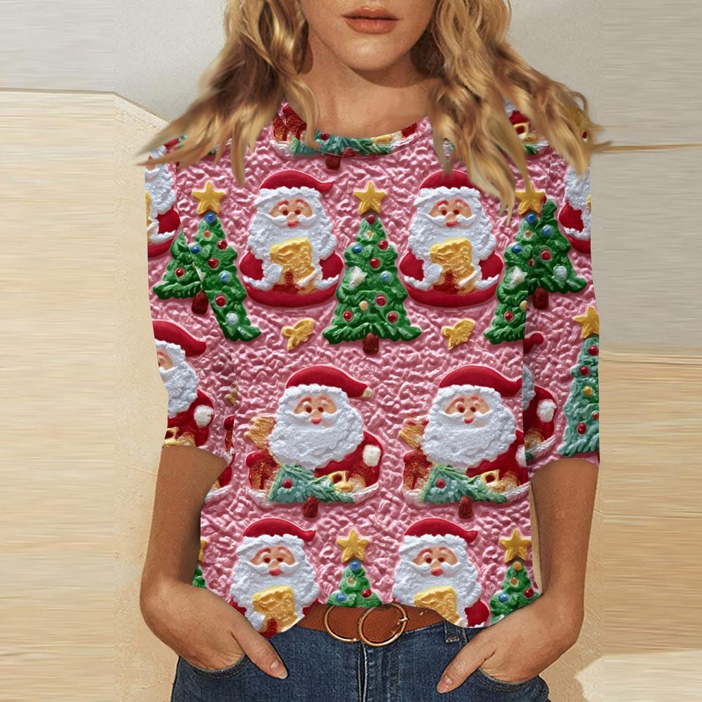 Women's Fashionable Casual Three Quarter Sleeve Christmas Printed Round Neck Top