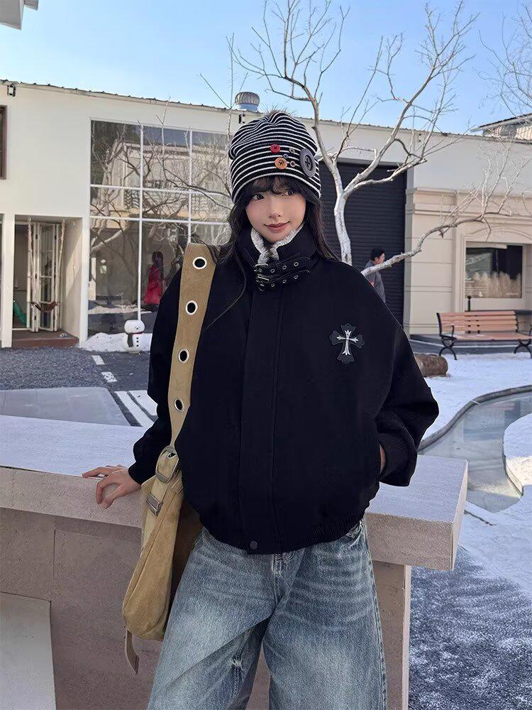 Women's American Retro Stand Collar Faux Fur Eagle Cotton Jacket