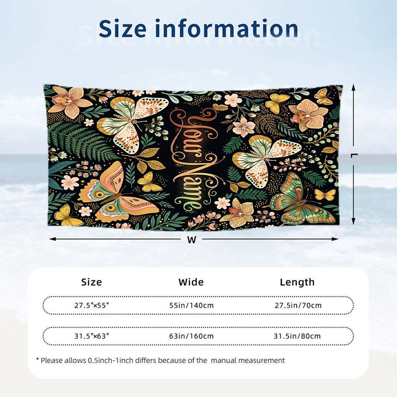 Butterflies Floral Elegance 4 Theme Quick Dry Beach Towel Custom Name Text Print Large Sand Resistant Towel Beach Vacation