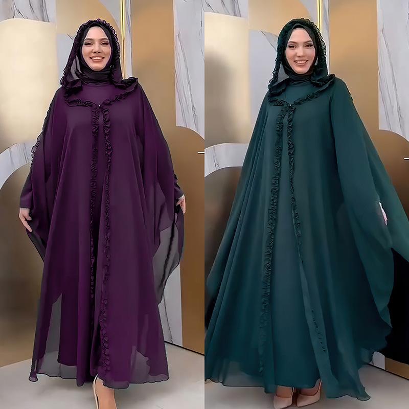 Women's Muslim Robe Hooded Shawl Lengthened Cloak Dress Turkish Chiffon Cardigan Robe