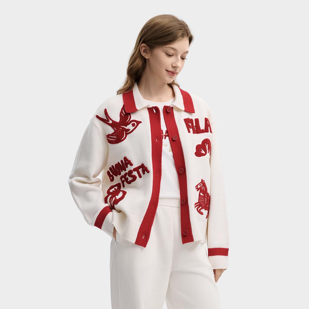 Fila CNY Fashionable Personality Trendy Classic Retro Casual Versatile Comfortable Warm Loose Knit Cardigan Blush Sweater Women Sweater F11W619417FWT