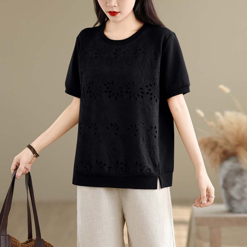 Dimanaf 2025 Summer Plus Size Tops Cotton T-Shirt Floral Hollow Women O-Neck Short Sleeve Loose Solid Tees