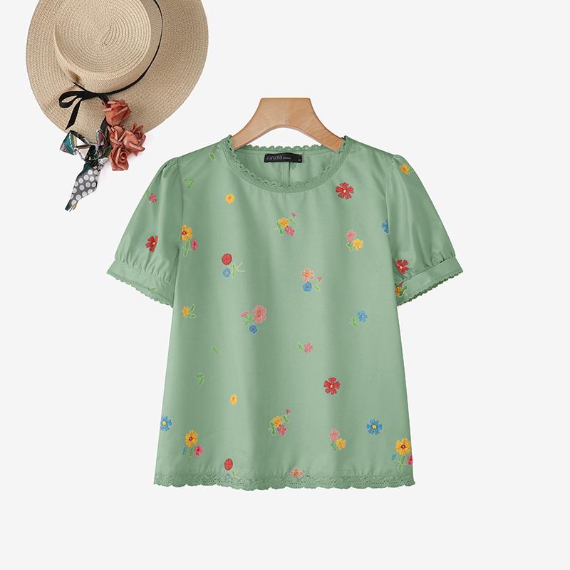 

ZANZEA Женская повседневная блузка с цветочным принтом, круглым вырезом и короткими рукавами 5XL зелёный