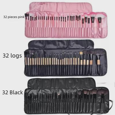 32-Piece Pink Makeup Brush Set with Black Wood Handles