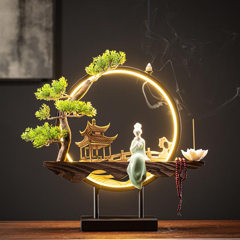 Großer chinesischer Rückfluss-Räucherbrenner mit USB-LED-Lichtring Nette Dame Keramik Heimdeko Ornamente Kiefer Zypresse