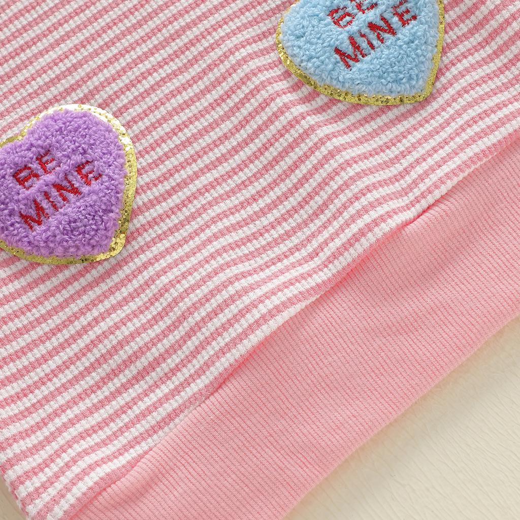 Kids Baby Girls Valentine's Day Sweatshirt Stripe Heart Embroidery Loose Fit Casual Crew Neck Long Sleeve Pullover