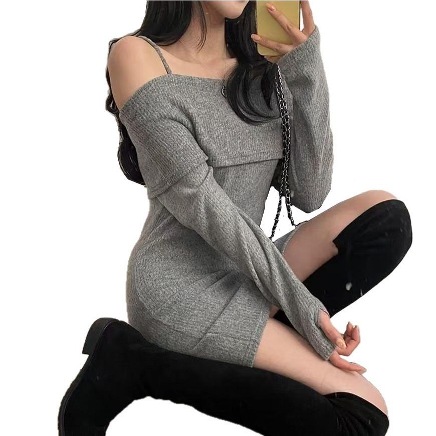Korean Style Petite Spicy Girl Bodycon Dress: One-Shoulder Camisole with Lapel, Hip-Hugging Short Skirt for Spring/Autumn