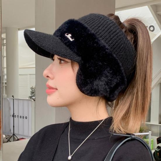 

Yousheng Women Autumn Winter Knitting Baseball Hat Letter Design Earflap Plush Warm Hat Outdoor Sport Windproof Ponytail Hat