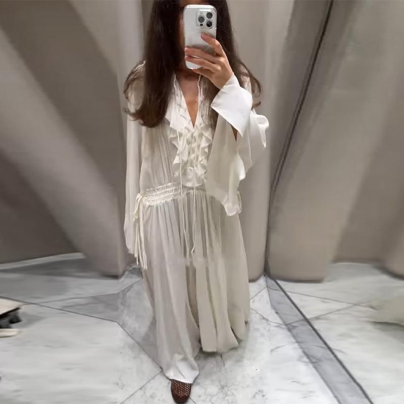 Elegant Solid Color Flounces Dresses Loose V Neck Full Sleeve Female Long Dress New Lady Summer Commute Vacation Dress 2025