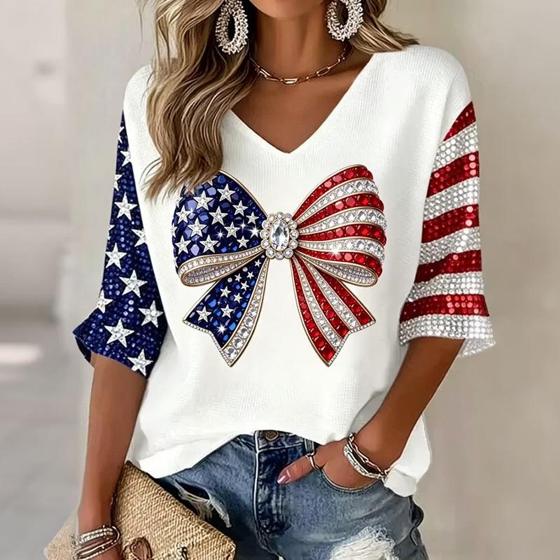 Fashion Women's V-Neck Short Sleeve 3D Casual Color Printing Casual Short Sleeve V-Neck T-Shirt