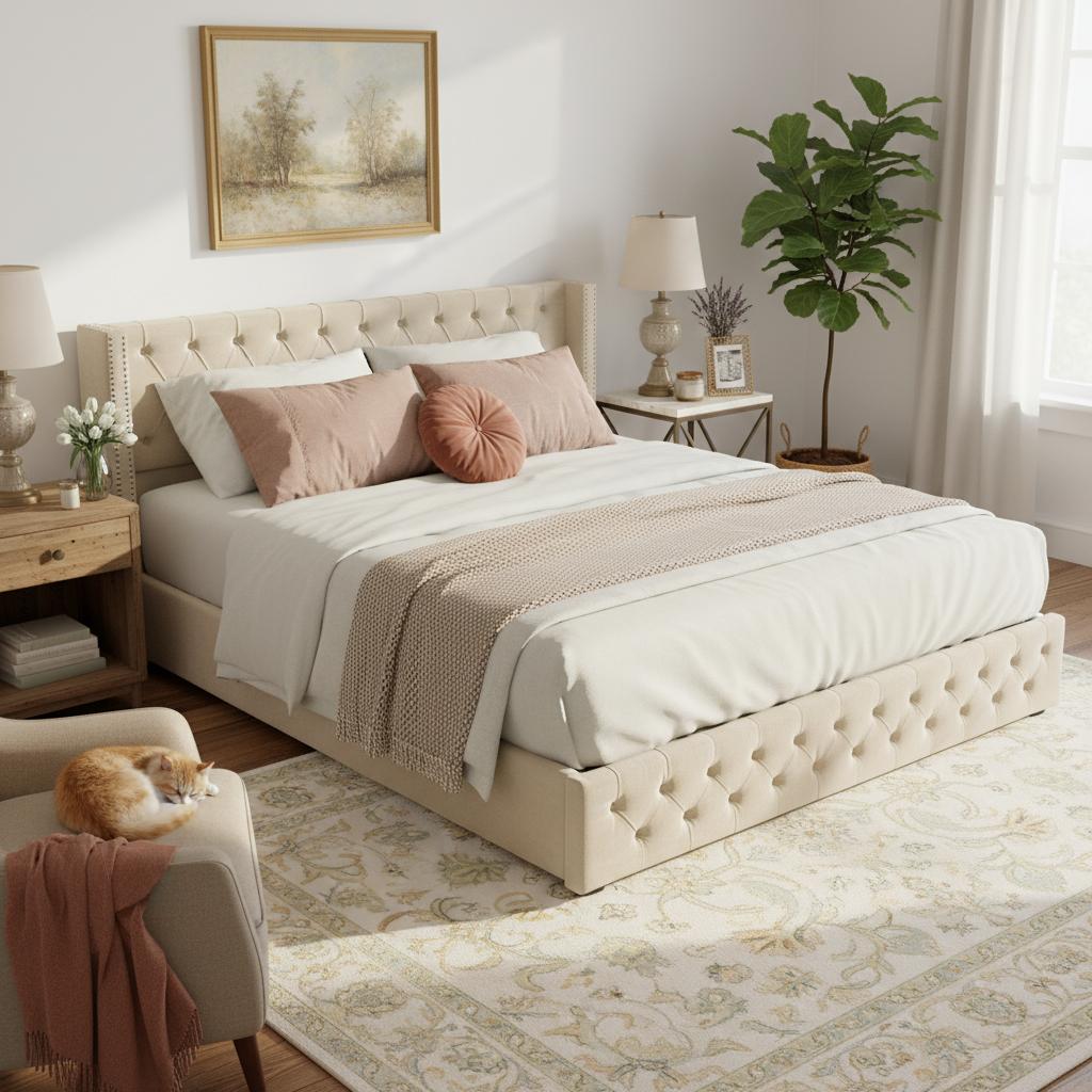 Upholstered Bed Wingback, Double Row of Studs Velvet, Button Stitching Head and Foot End, Double Bed 160*200, Hydraulic Function, Beige