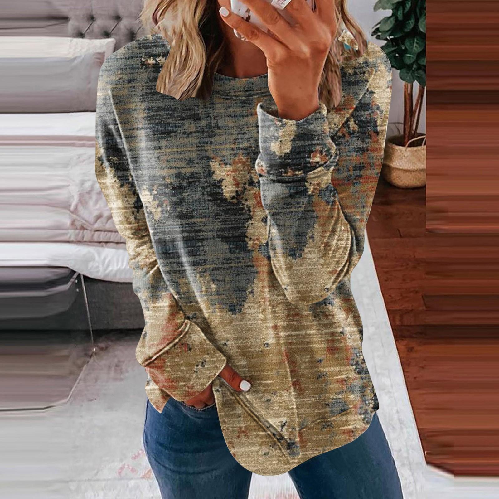 

Ladies Casual Fashion Print Long Sleeve Round Neck Pullover T-Shirt Top L бежевый