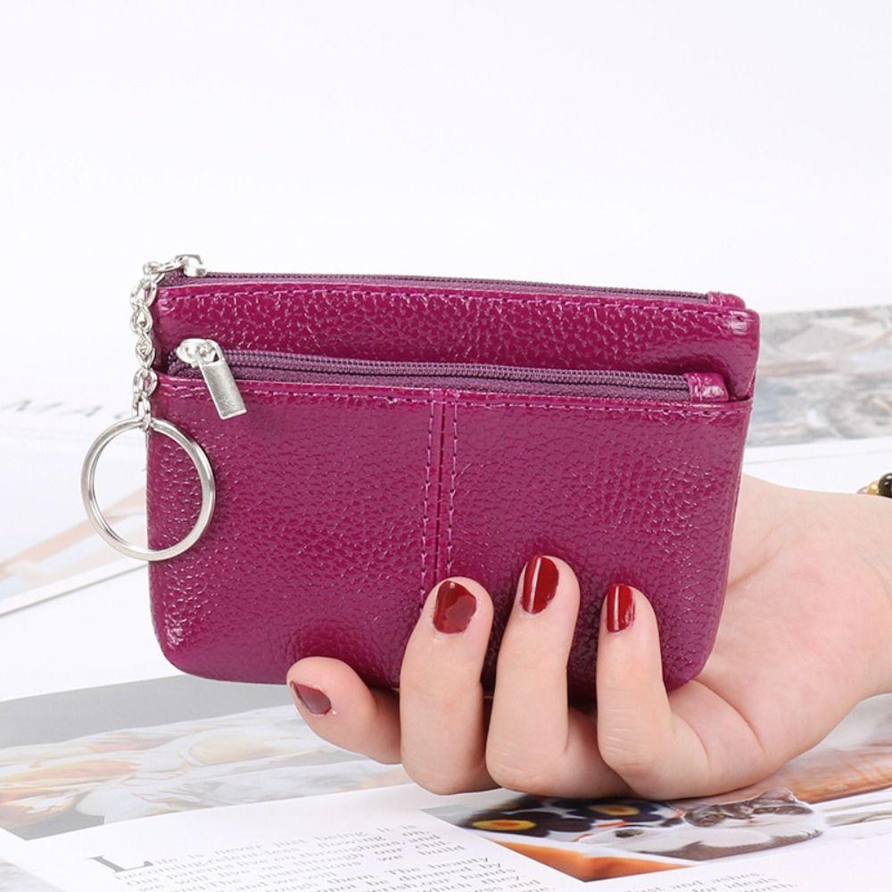 Portable PU Leather Coin Purse Mini Zipper Leather Purses with Keychain Solid Color ID Credit Card Holder